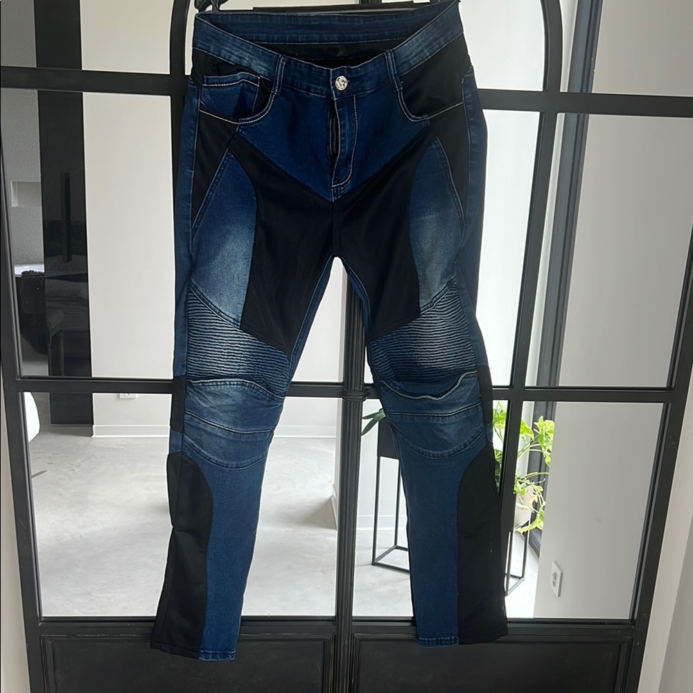 Classic Blue Motorcycle Jeans with Distressed Details